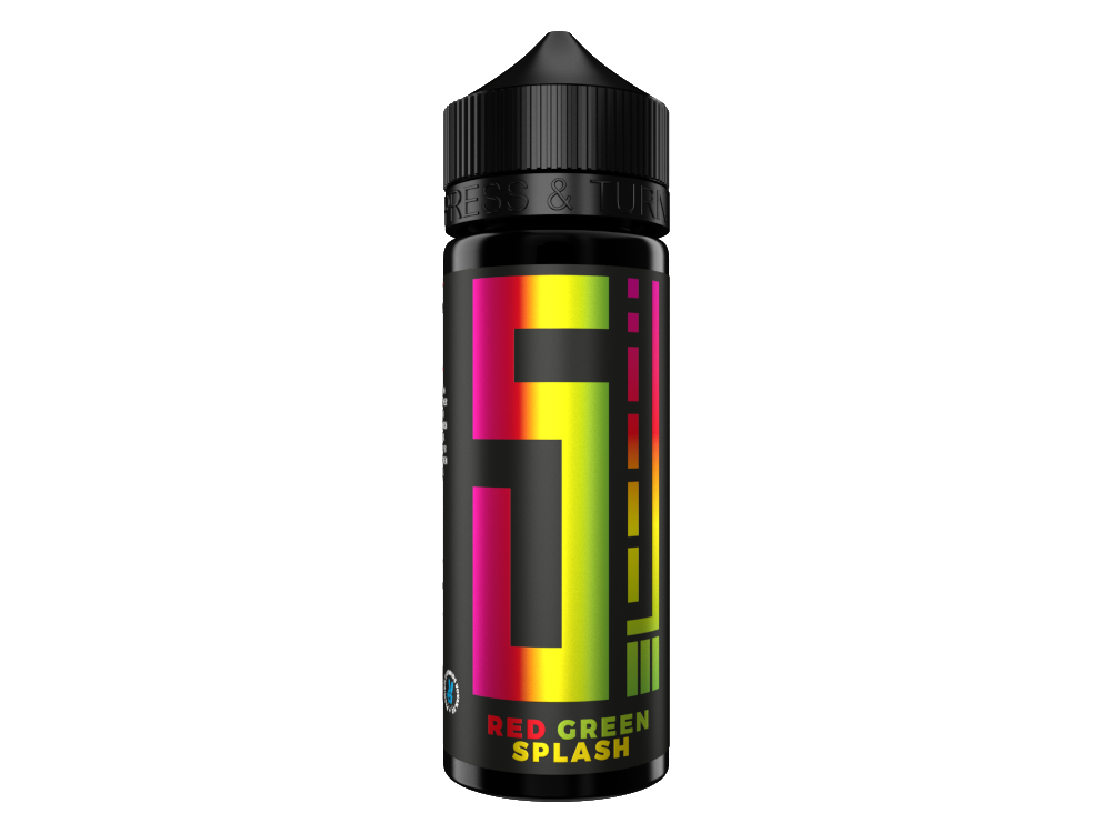 5EL Longfills 10 ml Red Green Splash Aroma für E-Zigaretten, mit Geschmacksnoten von roten und grünen Äpfeln, in einer 120ml Chubby Gorilla Flasche abgefüllt.