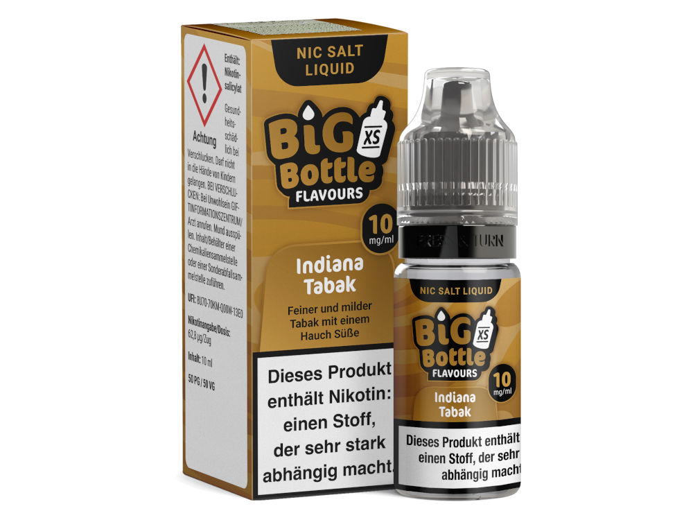 Big Bottle Indiana Tabak Nikotinsalz Liquid mit 20 mg/ml Nikotinoption für intensiven Tabakgeschmack.