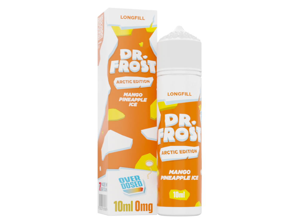 Verpackung des Dr. Frost - Arctic Edition - Aroma 10 ml - Mango Pineapple Ice, präsentiert in einer stilvollen Flasche, ideal für Longfill-Aromen.