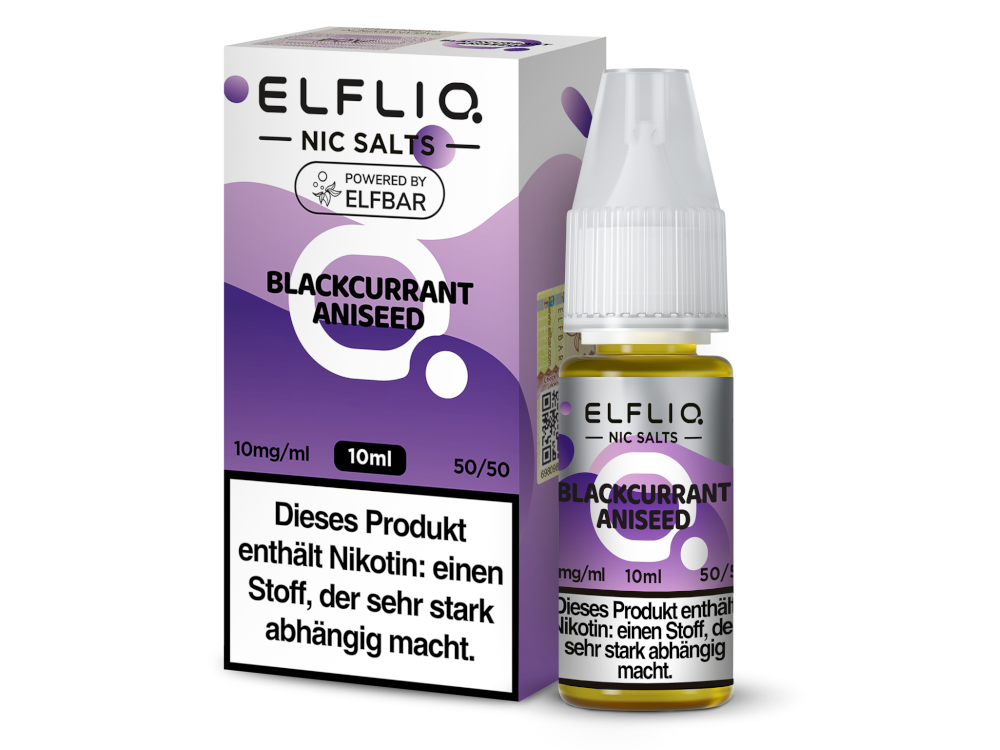 Verpackung von ELFLIQ Nikotinsalz Liquid mit Geschmacksrichtung Schwarze Johannisbeere und Anis, 10 ml von RavenSmoke DE.
