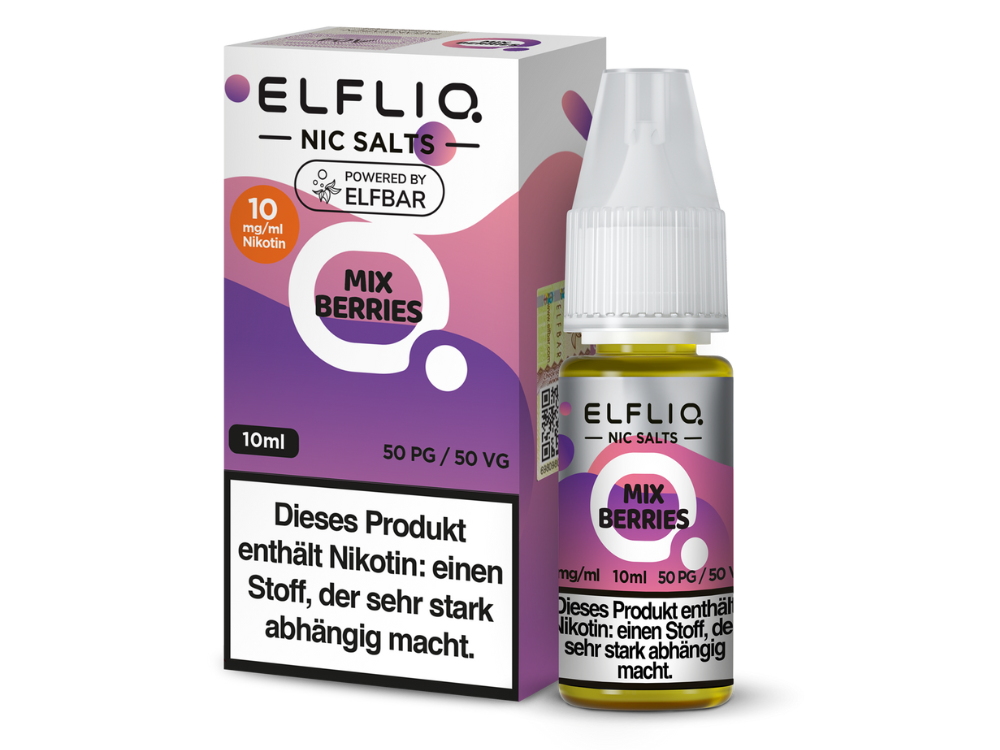 ELFLIQ Mix Berries Nikotinsalz Liquid Produktinformation auf der Verpackung, einschließlich der Inhaltsstoffe und Nutzungshinweise.