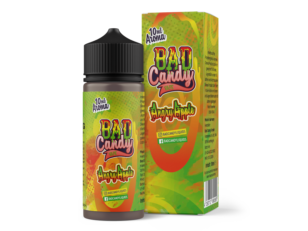 Bad Candy Aroma Angry Apple enthält hochkonzentriertes Apfel-Kiwi-Aroma, ideal zum Mischen mit Basen für ein individuelles Dampferlebnis.