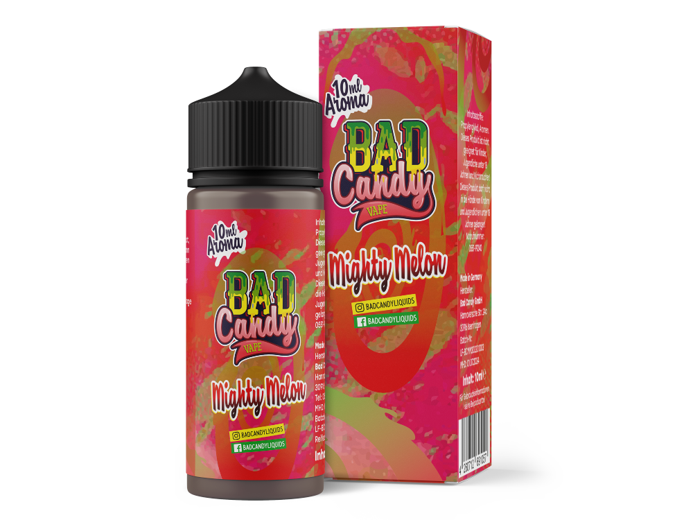 Bad Candy Aroma Mighty Melon 10ml mit den Inhaltsstoffen und Sicherheitsinformationen, ideal für Dampfer, die ein fruchtiges Aroma mit Koolada suchen.