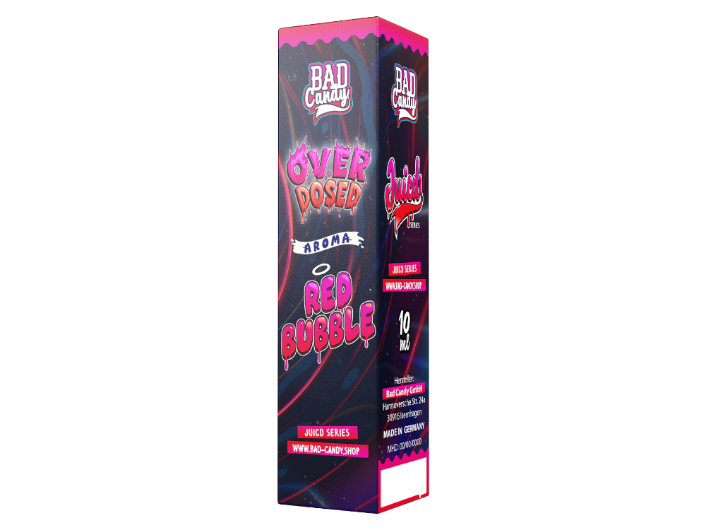 Nahaufnahme der Bad Candy Liquids Juicd Longfills 10ml Red Bubble Aroma Flasche, die den erfrischenden Kaugummi- und Beerenmix darstellt, ideal für E-Zigaretten.