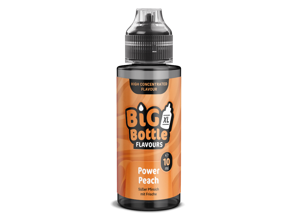 Big Bottle - Longfills 10 ml - Power Peach, detailreiche Darstellung der Verpackung des Aromas mit Produkthintergrund und Sicherheitsinformationen.