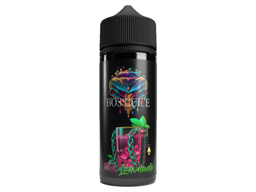 Detailaufnahme der Boss Juice - Aroma Pink Limonade 10 ml, zeigt die Verpackung und Hinweise zur Anwendung für ein intensives Dampferlebnis.