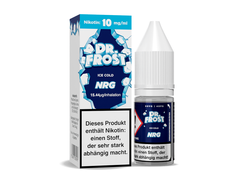 Dr. Frost Ice Cold Nikotinsalz Liquid NRG mit 10 ml Inhalt, ideal für E-Zigaretten und erhältlich in Nikotinstärken von 10 mg/ml und 20 mg/ml.