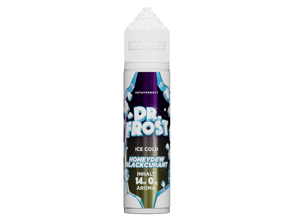 Detailansicht des Dr. Frost - Ice Cold - Aroma Honeydew Blackcurrant 14ml, zeigt die Textur und Farbgebung des konzentrierten Aromas.