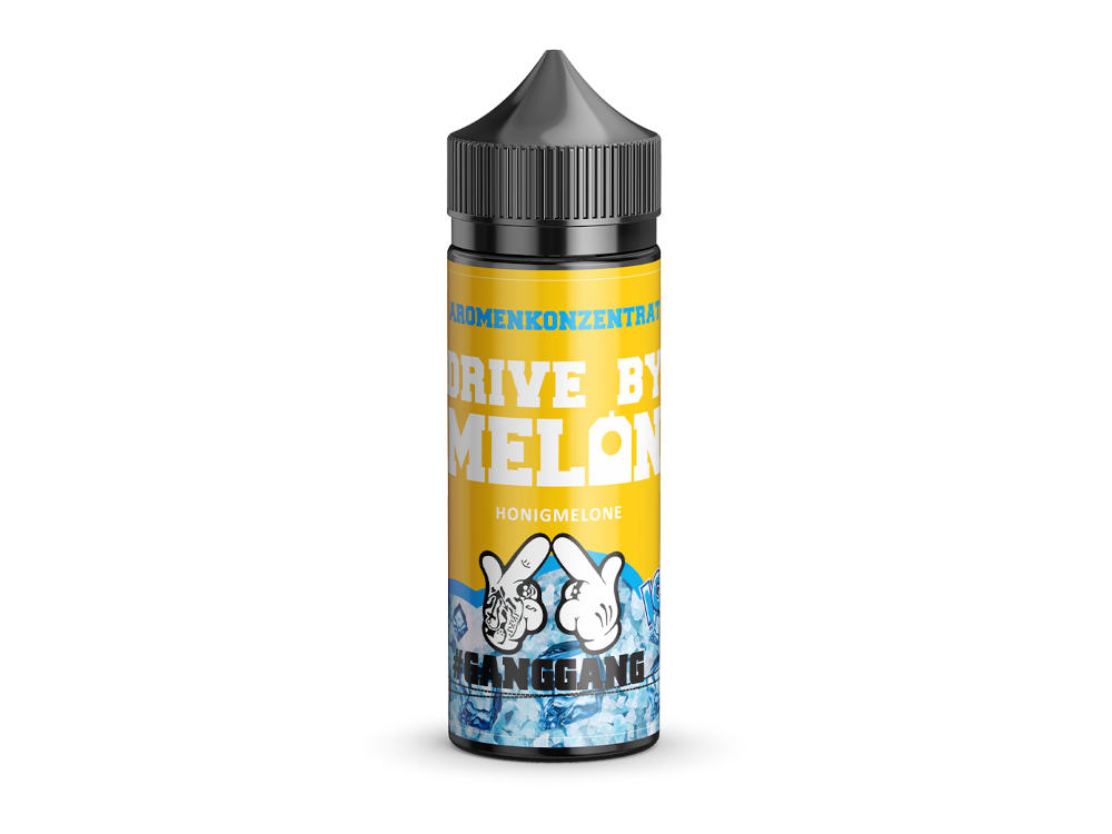 Details zur Verpackung von GangGang Aroma Drive by Melon Ice 10 ml in 120 ml Flasche.
