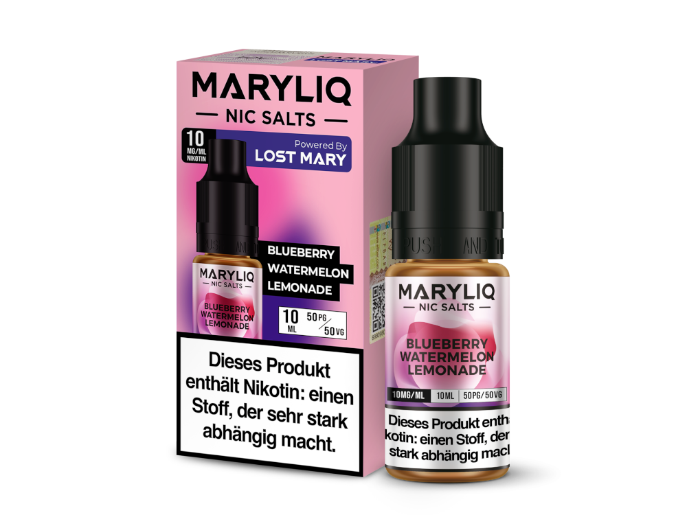 Kreatives Verpackungsdesign der MARYLIQ Nikotinsalz Liquid Blueberry Watermelon Lemonade, stilvolle Präsentation von fruchtigen Dampfer-Geschmäckern.