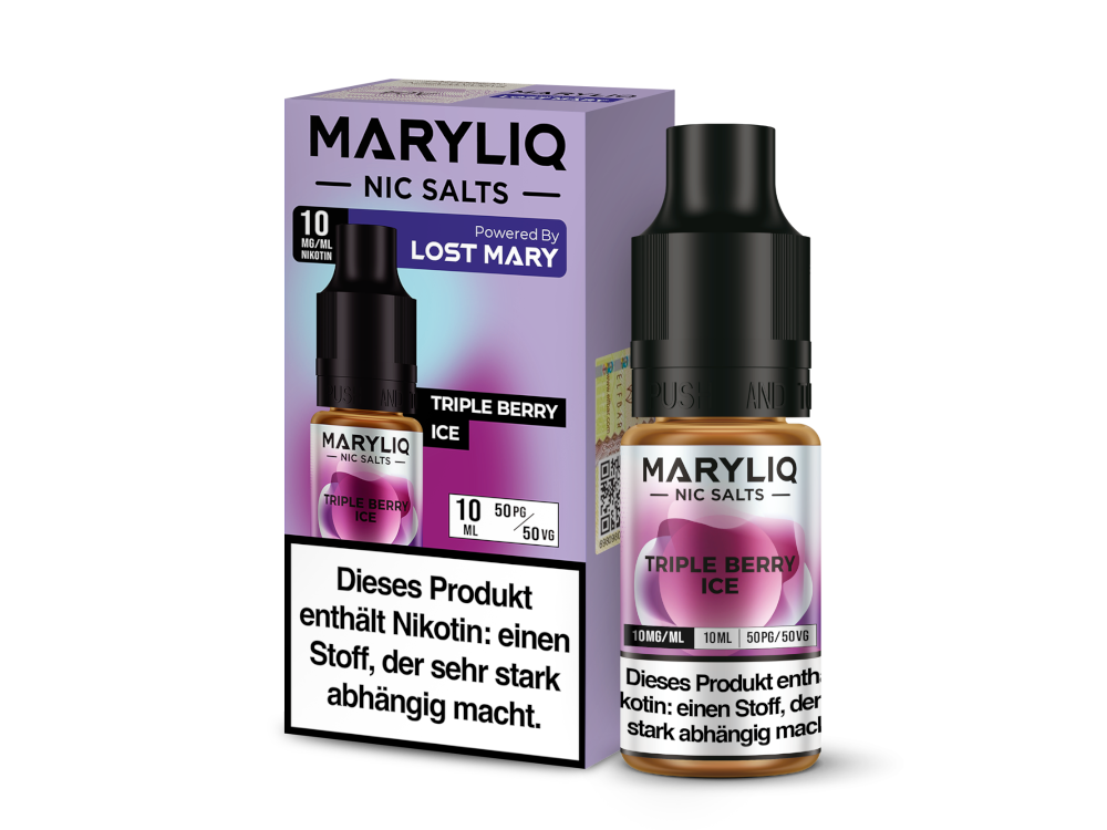MARYLIQ Nikotinsalz Liquid Triple Berry Ice, ein kühler Beerenmix für die E-Zigarette, erhältlich in 10 mg/ml und 20 mg/ml Nikotinstärken.