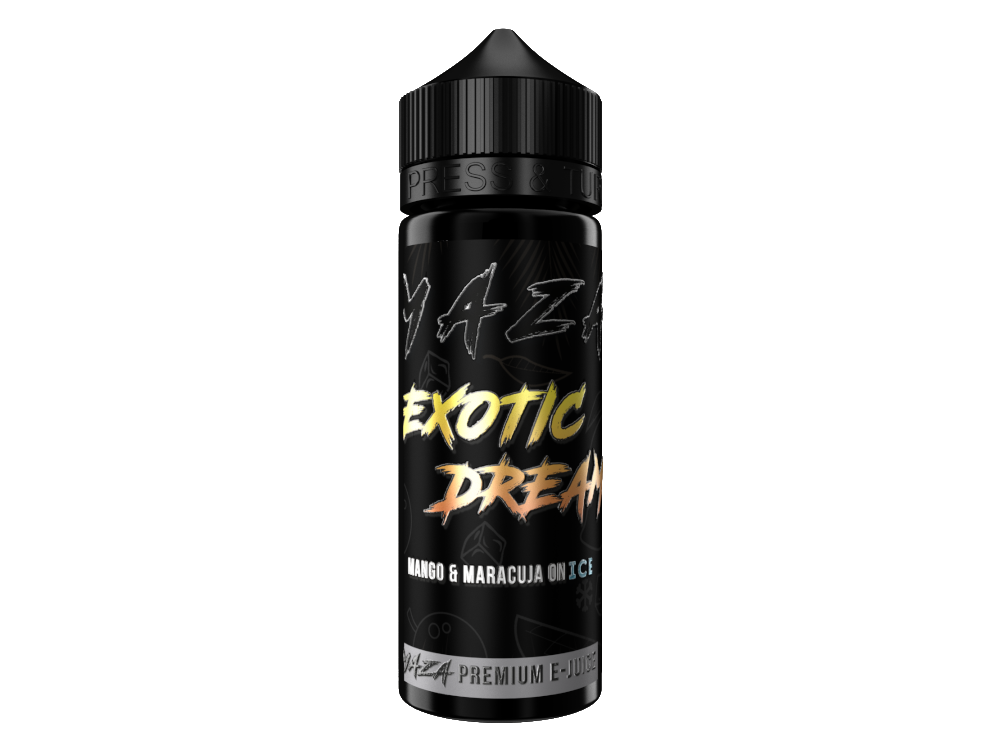 MaZa Longfills Exotic Dream Aromas, verpackt in einer transparenten Flasche, mit einem Aufkleber, der die frischen Noten und tropischen Früchte beschreibt.