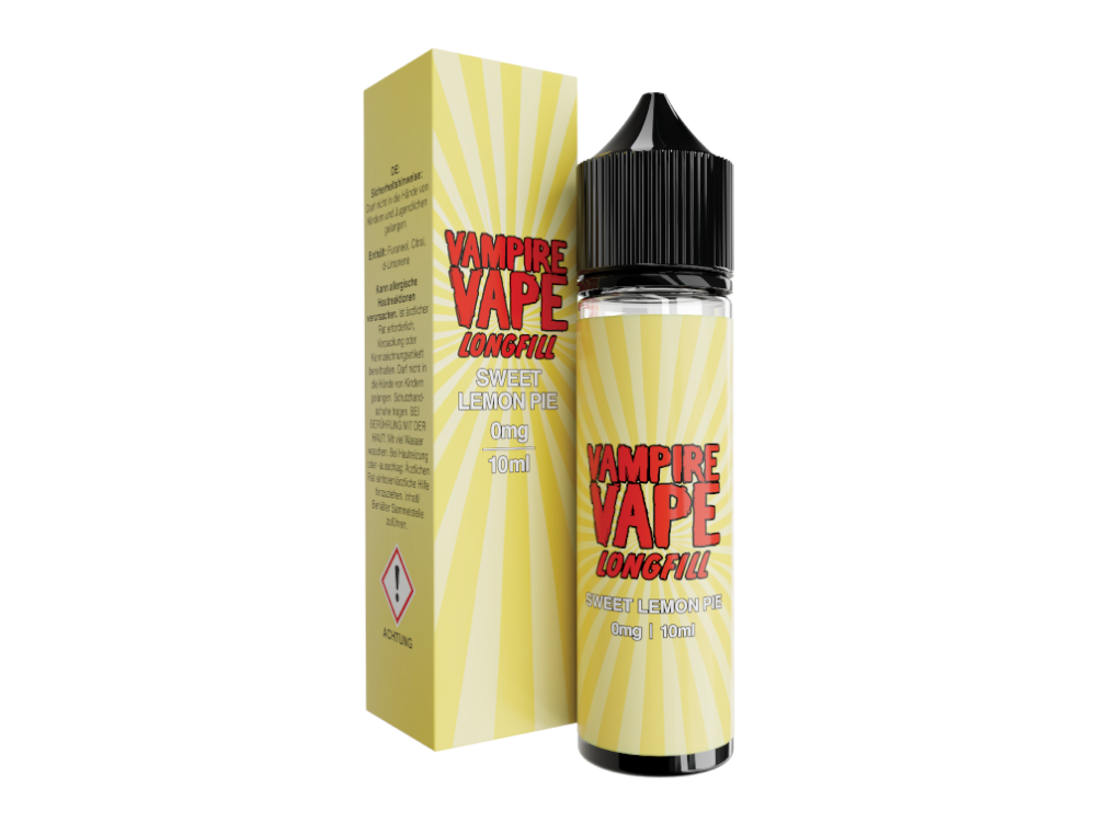 Vampire Vape Longfills Aromakonzentrat Sweet Lemon Pie in einer 60 ml Flasche mit intensivem Zitronentortengeschmack, ideal für Dampfer, die das süße, fruchtige Aroma lieben.