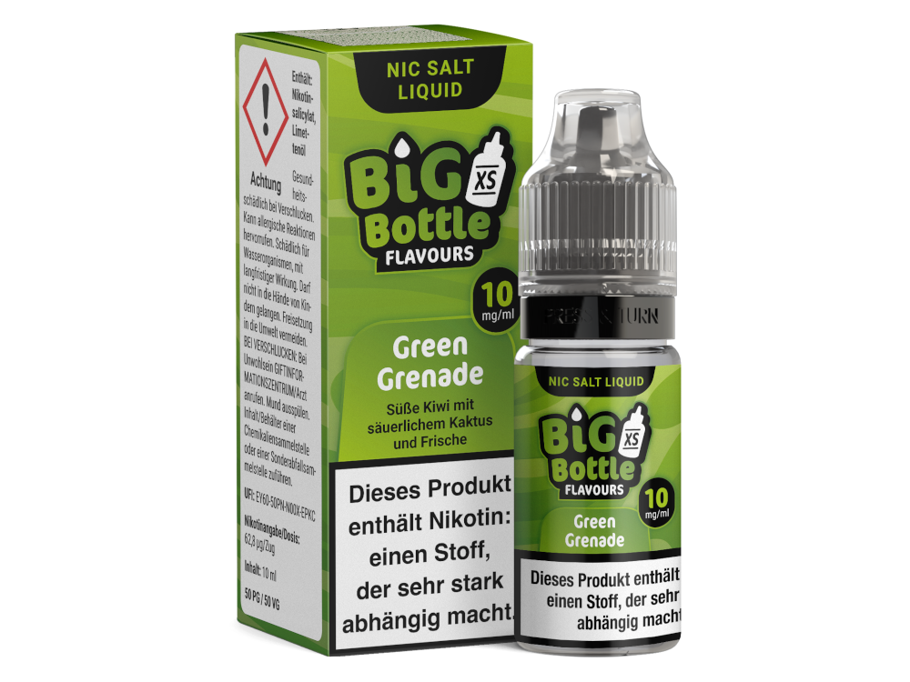 Detailansicht der Big Bottle - Green Grenade - Nikotinsalz Liquid, geeignet für E-Zigaretten und optimaler Genuss beim Dampfen.