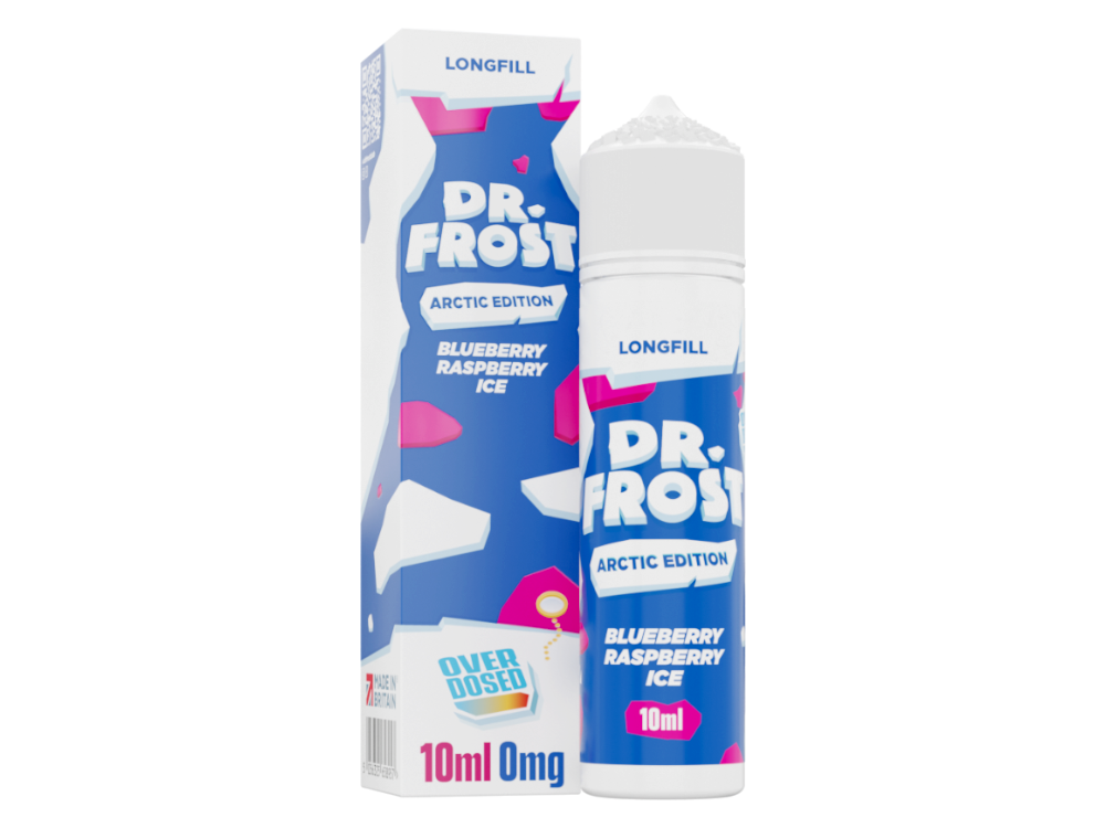 Dr. Frost - Arctic Edition - Aroma 10 ml - Blueberry Raspberry Ice, Verpackung und Informationen zu Inhaltsstoffen und Sicherheitshinweisen.