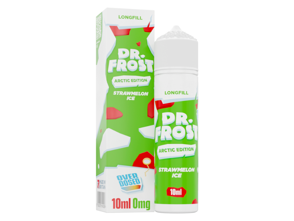 Flasche mit Dr. Frost Strawmelon Ice Aroma 10 ml, Teil der Arctic Edition, bereit zur Verdünnung für ein erfrischendes Dampferlebnis.