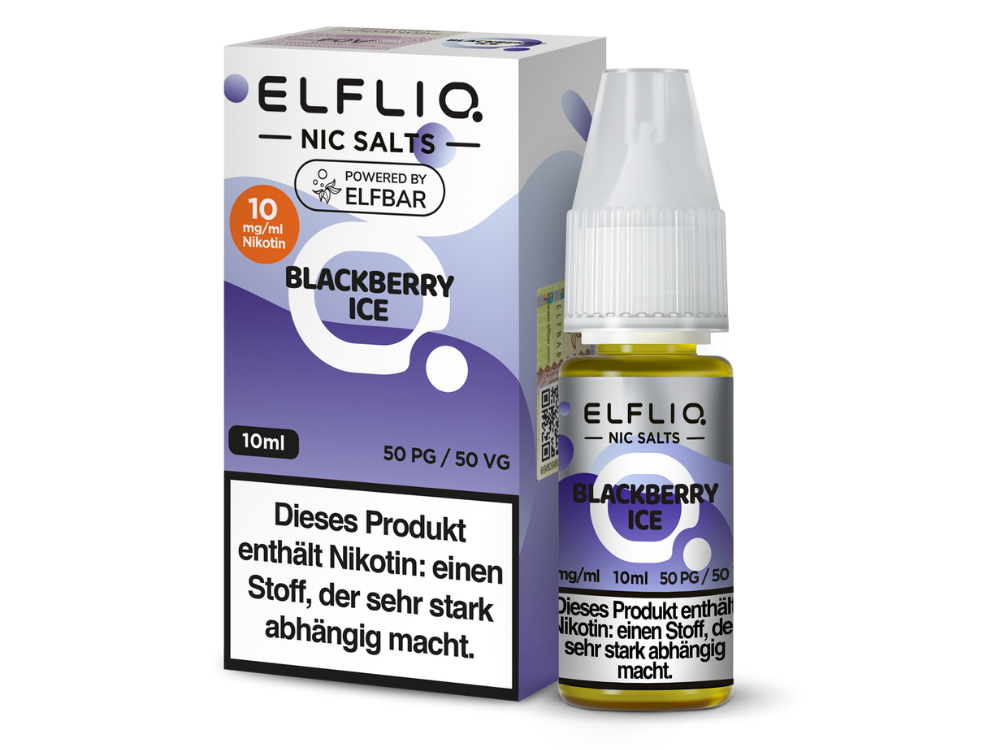 ELFLIQ - Blackberry Ice - Nikotinsalz Liquid Produktabbildung mit Informationen zu Geschmack und Nikotinstärke, ideal für Dampfer.