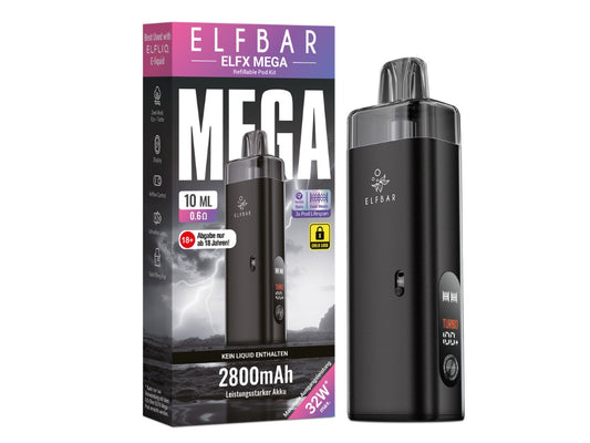 Elfbar ELFX Mega E-Zigaretten Set mit 2800 mAh Akku, 10 ml Pod und Dual Mesh Coil für MTL und RDL Dampfen.
