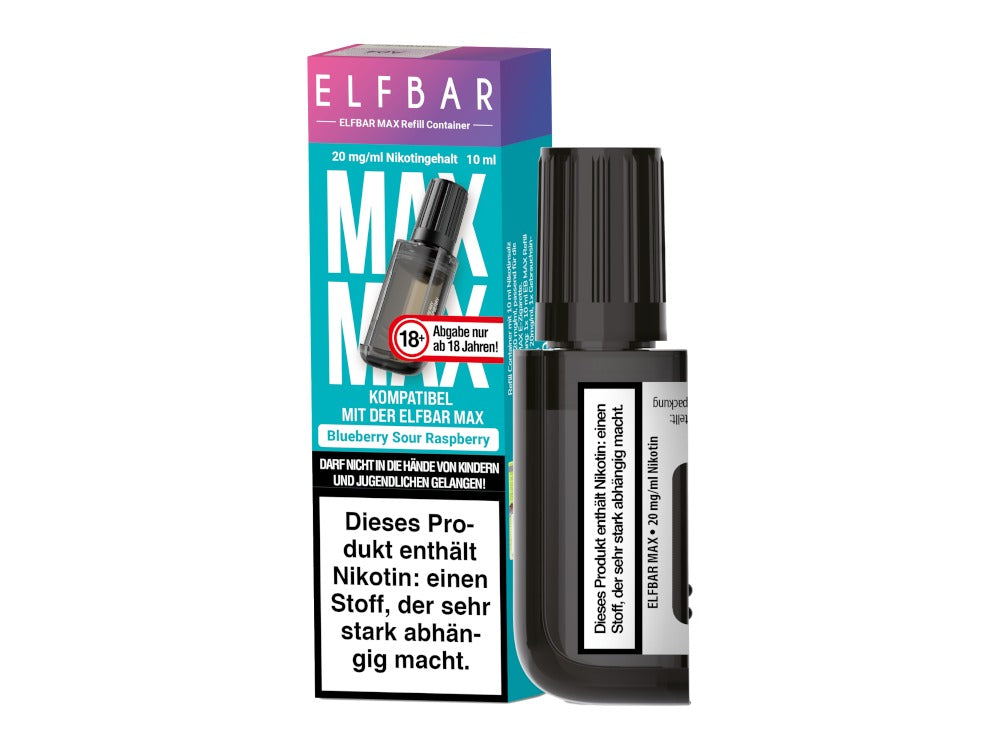 Elfbar Max Refill Container – 10 ml vorgefüllt mit Nikotinsalz Liquid in verschiedenen Geschmacksrichtungen (20 mg)ml