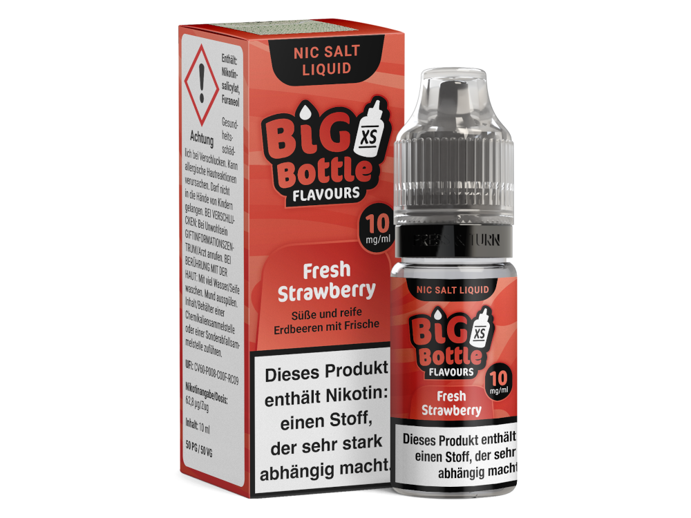 Big Bottle - Fresh Strawberry Nikotinsalz Liquid in 10ml Flasche für E-Zigaretten, bietet ein frisches Erdbeeraroma.