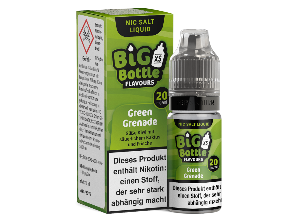 Big Bottle - Green Grenade - Nikotinsalz Liquid in einer 10 ml Flasche, bietet einen erfrischenden Geschmack von Kiwi und Kaktus.