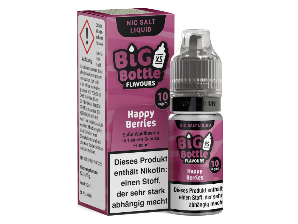 Big Bottle - Happy Berries - Nikotinsalz Liquid, 10 ml mit 10 mg/ml Nikotin, bietet einen erfrischenden Waldbeerengeschmack für Dampfer.