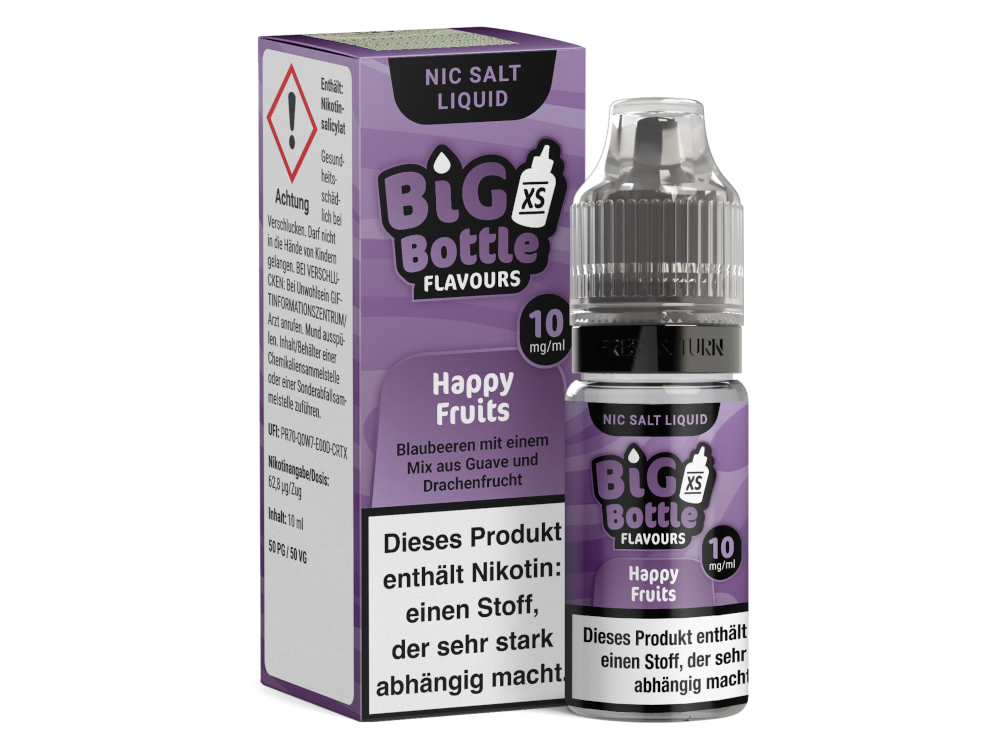 Nikotinsalz Liquid von Big Bottle - Happy Fruits, erhältlich in 10 mg/ml und 20 mg/ml, bietet eine fruchtige Dampferfahrung mit Blaubeere, Guave und Drachenfrucht.