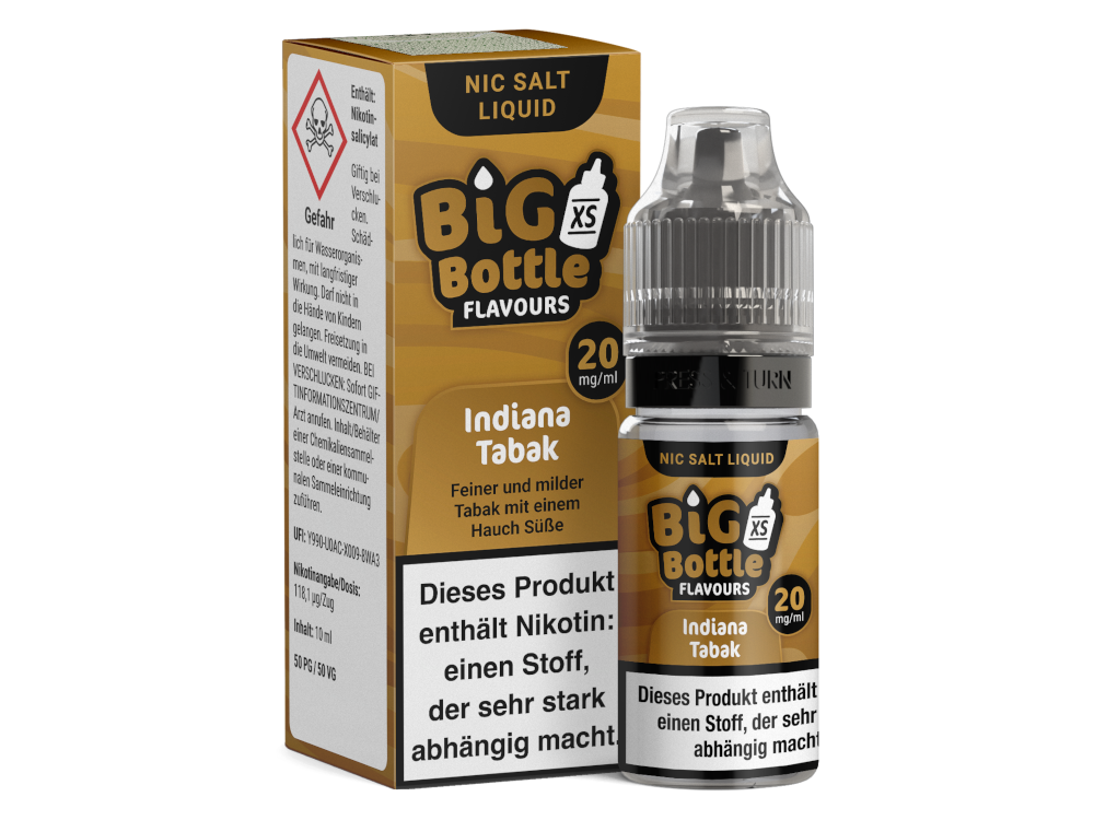 Big Bottle Indiana Tabak Nikotinsalz Liquid in 10 ml Flasche mit süßem Tabakgeschmack für E-Zigaretten.