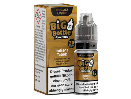 Big Bottle Indiana Tabak Nikotinsalz Liquid in 10 ml Flasche mit süßem Tabakgeschmack für E-Zigaretten.