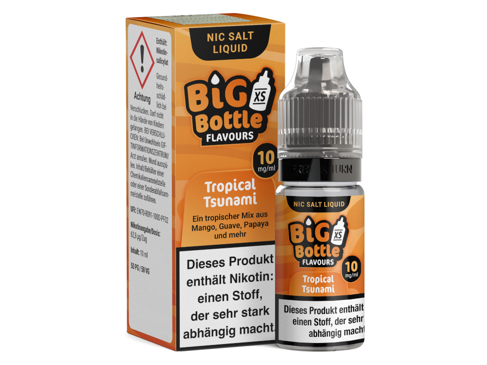 Big Bottle Tropical Tsunami Nikotinsalz Liquid, 10 ml Flasche mit Geschmack nach tropischen Früchten wie Ananas, Mango, Guave und Papaya.