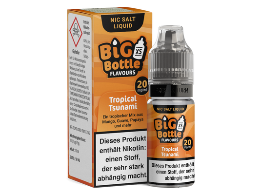 Big Bottle - Tropical Tsunami - Nikotinsalz Liquid in einer 10 ml Flasche mit tropischen Fruchtaromen wie Ananas, Mango, Guave und Papaya, erhältlich in 10 mg/ml und 20 mg/ml Nikotin.