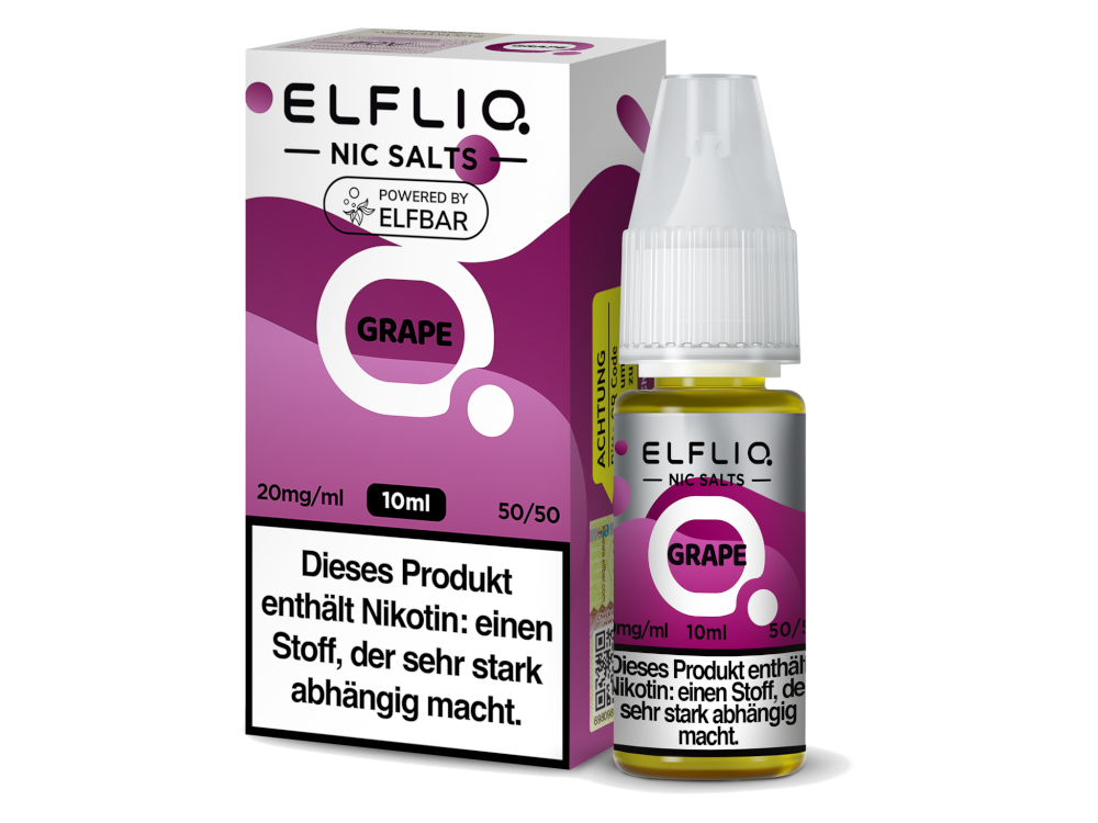 ELFLIQ Grape Nikotinsalz Liquid 10ml mit Traubenaroma und Nikotinstärken von 10mg/ml und 20mg/ml, Verpackung für E-Zigaretten-Nutzer.