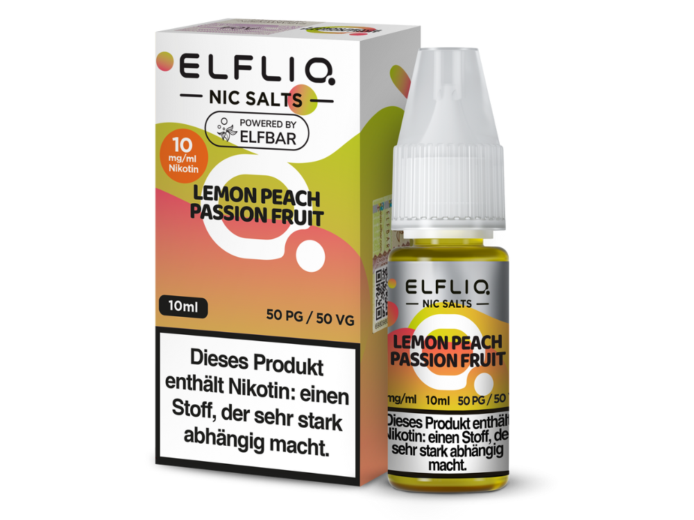 ELFLIQ Nikotinsalz Liquid Lemon Peach Passion Fruit, 10 ml Flasche mit Zitrone, Pfirsich und Passionsfrucht Geschmack, Nikotinstärken 10 mg/ml und 20 mg/ml von RavenSmoke DE.