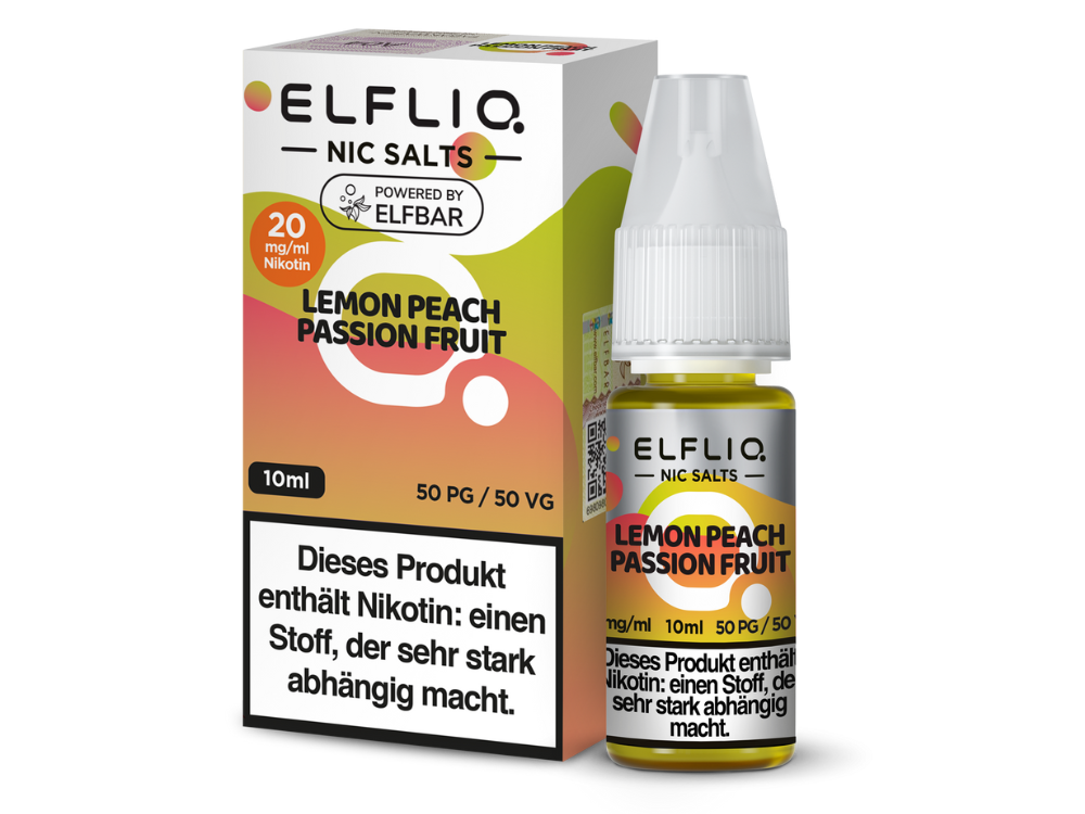 ELFLIQ Nikotinsalz Liquid Lemon Peach Passion Fruit - aromatisches Liquid mit den Geschmäckern Zitrone, Pfirsich und Passionsfrucht, erhältlich in 10 ml Flaschen und in zwei Nikotinstärken: 10 mg/ml oder 20 mg/ml.