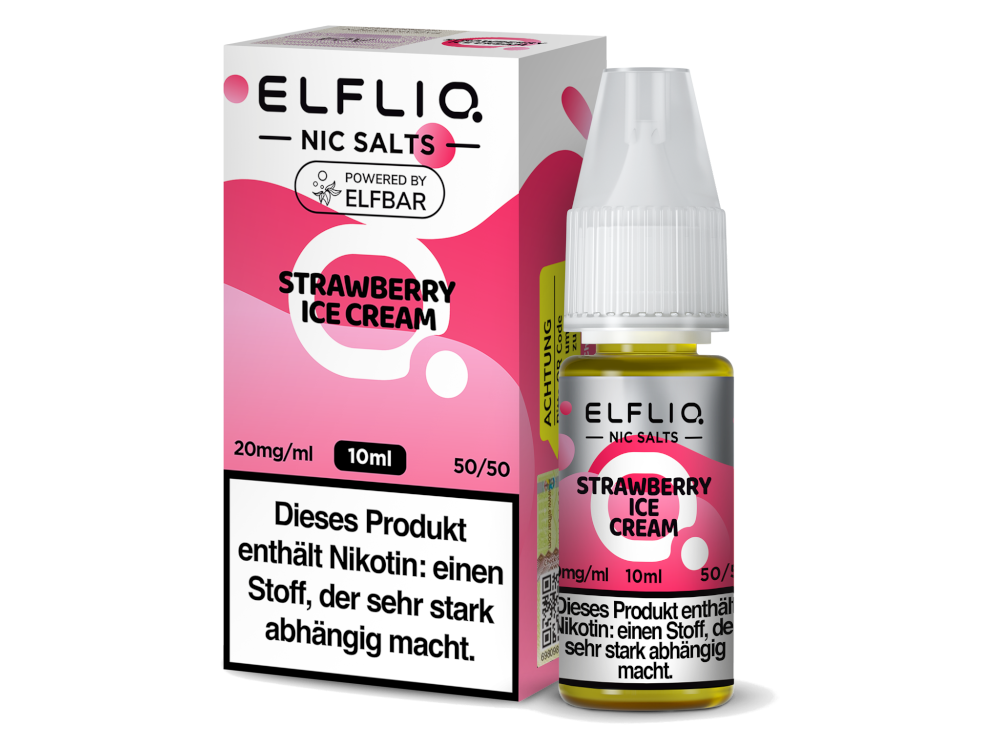 ELFLIQ Erdbeer Eiscreme Nikotinsalz Liquid in 10 ml Flasche, 10 mg/ml und 20 mg/ml erhältlich.