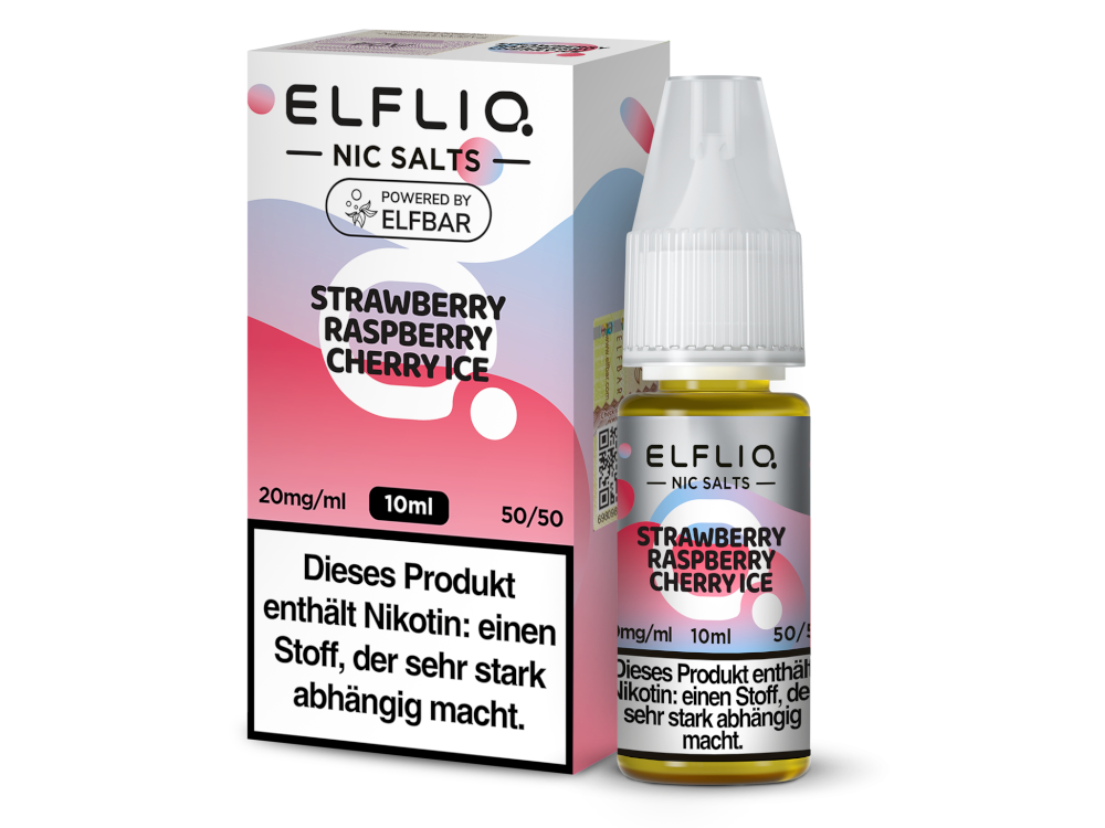 ELFLIQ - Strawberry Raspberry Cherry Ice - Nikotinsalz Liquid in einer E-Zigarette, zeigt die attraktive Verpackung und die kühle Geschmackskombination von Erdbeeren, Himbeeren und Kirschen.