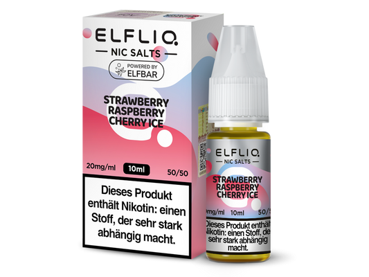 ELFLIQ - Strawberry Raspberry Cherry Ice - Nikotinsalz Liquid in einer E-Zigarette, zeigt die attraktive Verpackung und die kühle Geschmackskombination von Erdbeeren, Himbeeren und Kirschen.
