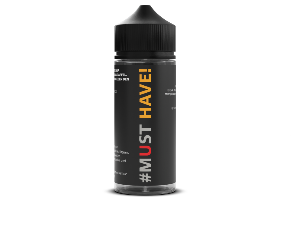 Must Have - Longfills 10 ml - U von RavenSmoke DE, zeigt eine Mischung von grünem Tee, Drachenfrucht, Granatapfel, Blaubeeren und Frische in einer 120 ml Liquidflasche.