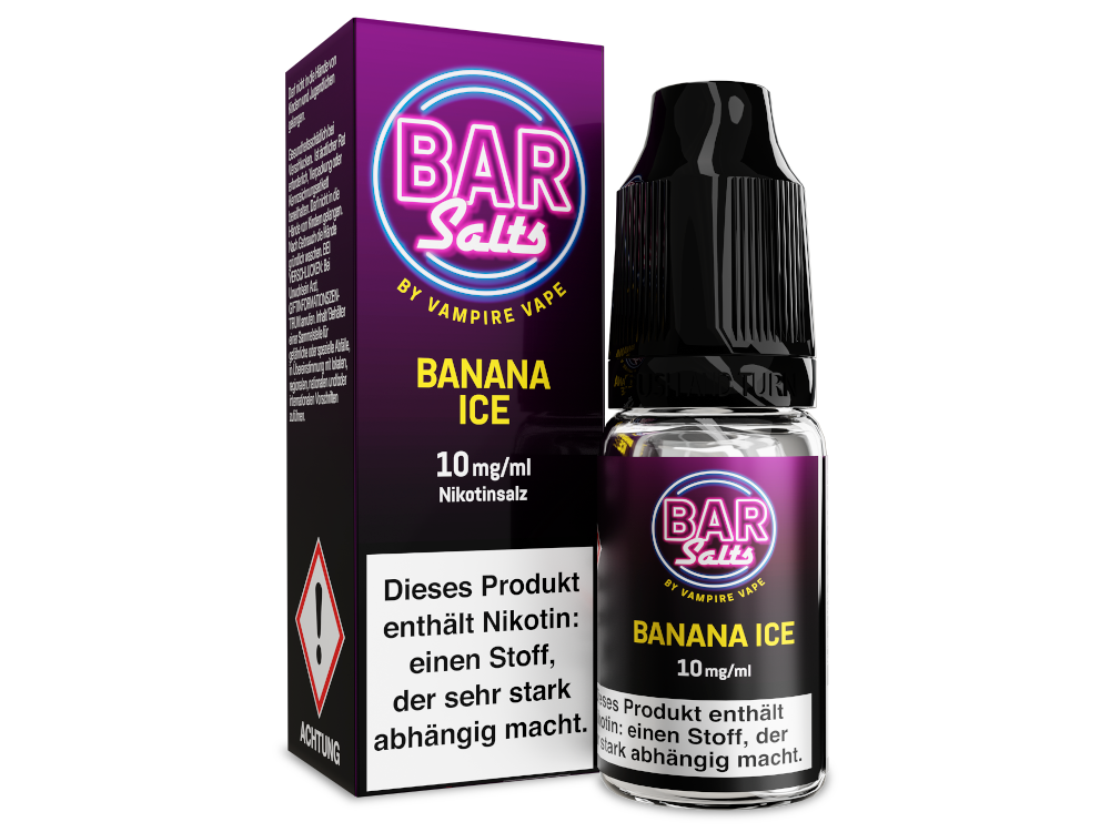 Verpackung von Vampire Vape Bar Salts - Banana Ice Nikotinsalz Liquid, das erfrischende Banana Ice Aroma in einer 10 ml Flasche für Dampfer.