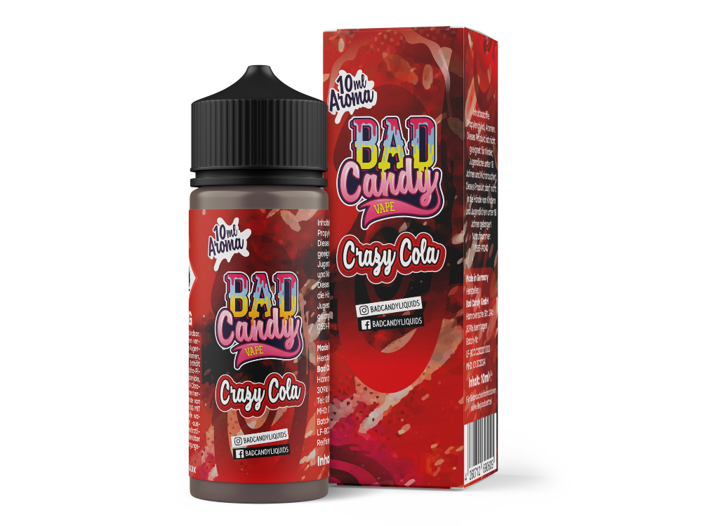 Bad Candy Aroma Crazy Cola 10ml: Ein hochdosiertes Aromakonzentrat für Dampfer, das den klassischen Geschmack von Cola, Limonen und Kirschen vereint.