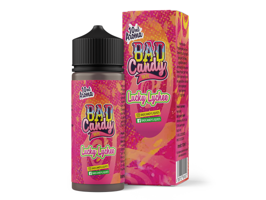 Bad Candy Aroma Lucky Lychee 10ml in einer 120ml Liquidflasche, ideal für E-Zigaretten mit fruchtigem Geschmack von Lychee und Maracuja.