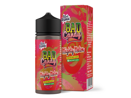 Bad Candy Aroma Mighty Melon 10ml - Hochdosiertes Wassermelonen-Konzentrat mit Koolada, präsentiert in einer eleganten Flasche, geeignet für E-Zigaretten. Ein geschmackliches Erlebnis aus Wassermelone, Honigmelone und Zitronenlimonade.