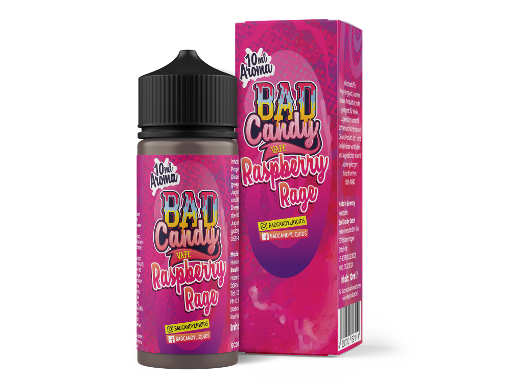 Bad Candy Aroma Raspberry Rage 10ml - Intensive Himbeer, Guave und Vanille Geschmacksnote in einer eleganten Flasche, ideal für E-Zigaretten und Verdampfer.