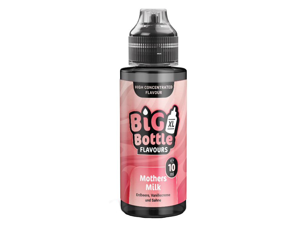 Das Big Bottle - Longfills 10 ml - Mothers Milk Aroma in einer 120 ml Flasche, das den Geschmack eines Erdbeer-Vanille-Sahne-Milkshakes entfaltet. Ideal für E-Zigaretten.