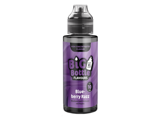 Big Bottle Longfills 10 ml Blueberry Razz Aroma in einer 120 ml Flasche, die den fruchtigen Geschmack von Blaubeere und Himbeere mit einer kühlen Note verströmt.