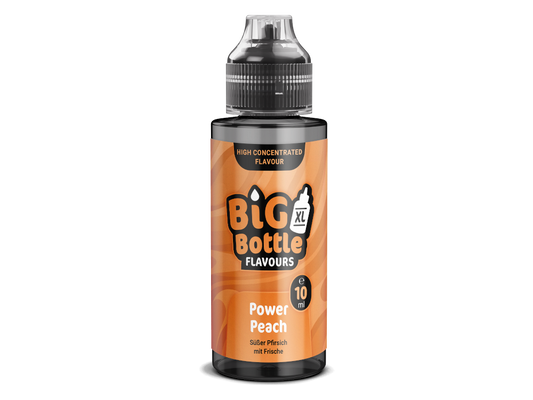 Big Bottle - Longfills 10 ml - Power Peach, hochwertiges Longfill-Aroma mit Pfirsichgeschmack und kühler Note in einer 120 ml Flasche von RavenSmoke DE.