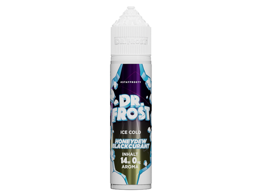 Dr. Frost - Ice Cold - Aroma Honeydew Blackcurrant 14ml in einer 60ml Flasche, präsentiert mit frischem Design und aromatischen Zutaten.