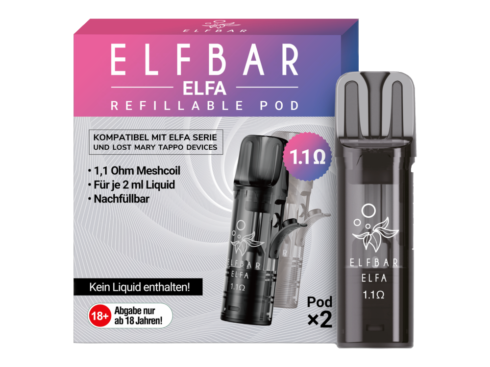 Elfbar - Elfa Leer-Pod, Packung mit 2 Stück, kompatibel mit Elfbar Elfa Akku und Lost Mary Tappo Akku, 2ml Tankvolumen mit Side-Filling System.
