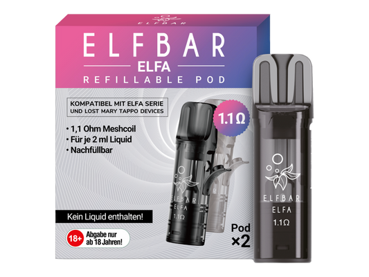 Elfbar - Elfa Leer-Pod, Packung mit 2 Stück, kompatibel mit Elfbar Elfa Akku und Lost Mary Tappo Akku, 2ml Tankvolumen mit Side-Filling System.