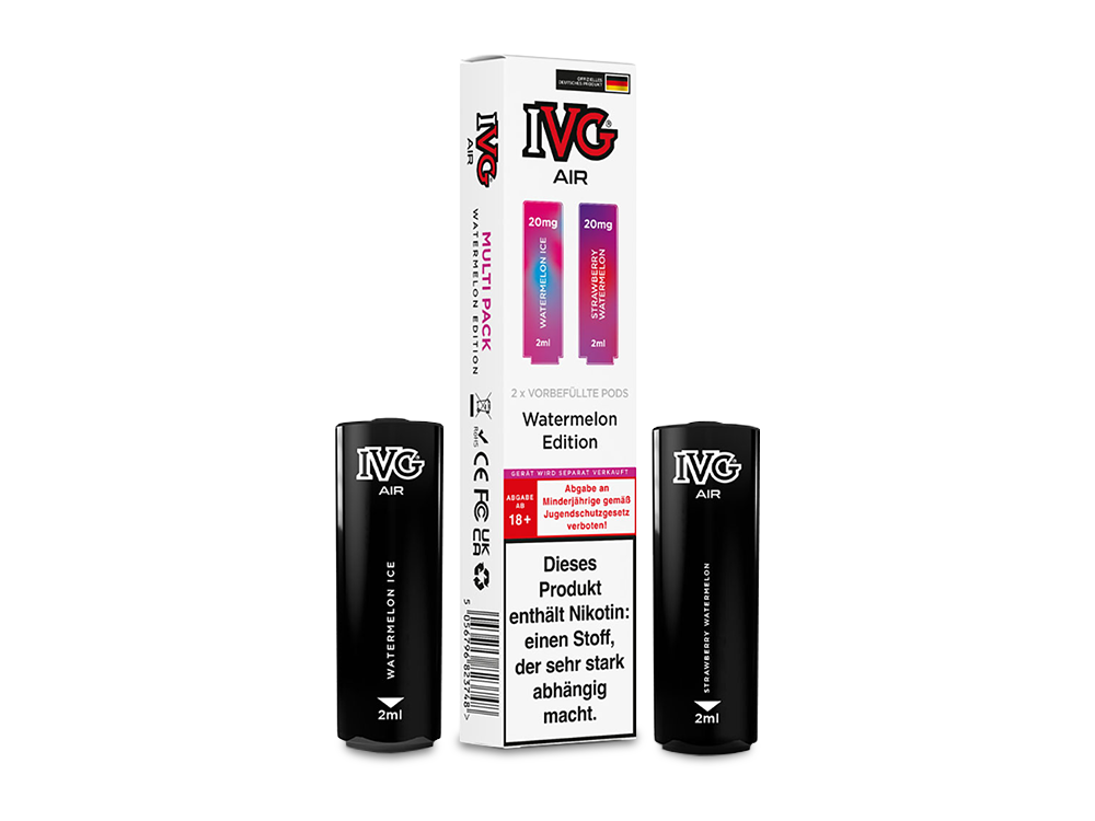 IVG AIR Multi Flavour Pods mit 2 ml Nikotinsalz Liquid und 1,0 Ohm Mesh Coil für AIR 2in1 Akku, 2 Geschmacksrichtungen pro Pod.
